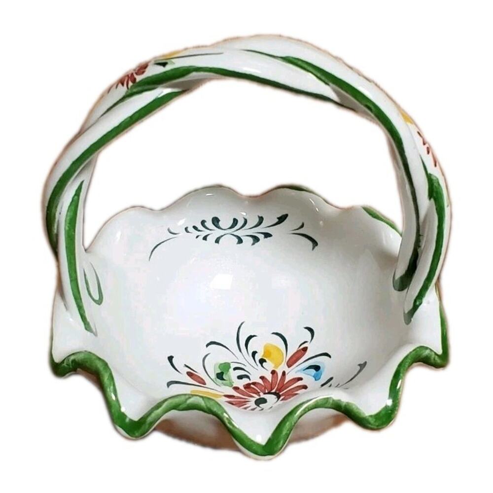 VTG Floral Ceramic Basket Handle Hand Painted Portugal 88 Trinket Dish Folk Art
